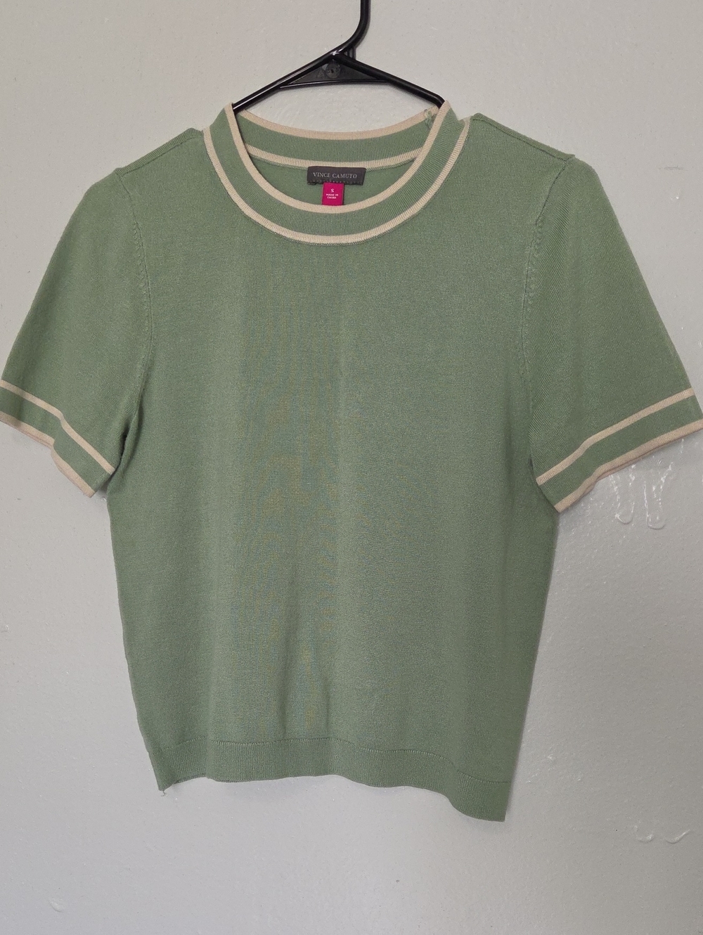Vince Camuto Sage Green Short-Sleeve Tipped Crewneck Sweater with Cream Trim